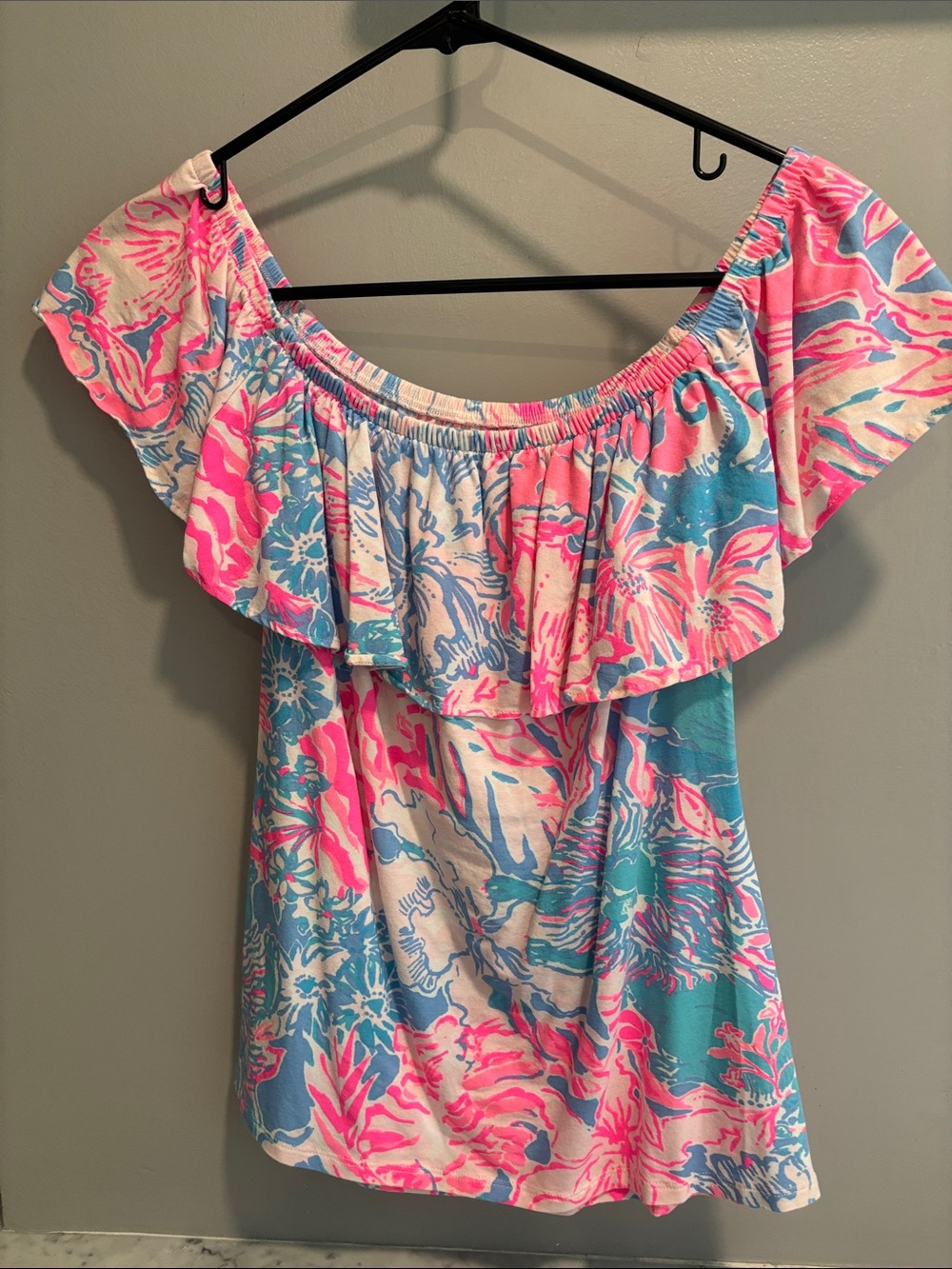 Lilly Pulitzer Pink Blue White Off-Shoulder Ruffle Top